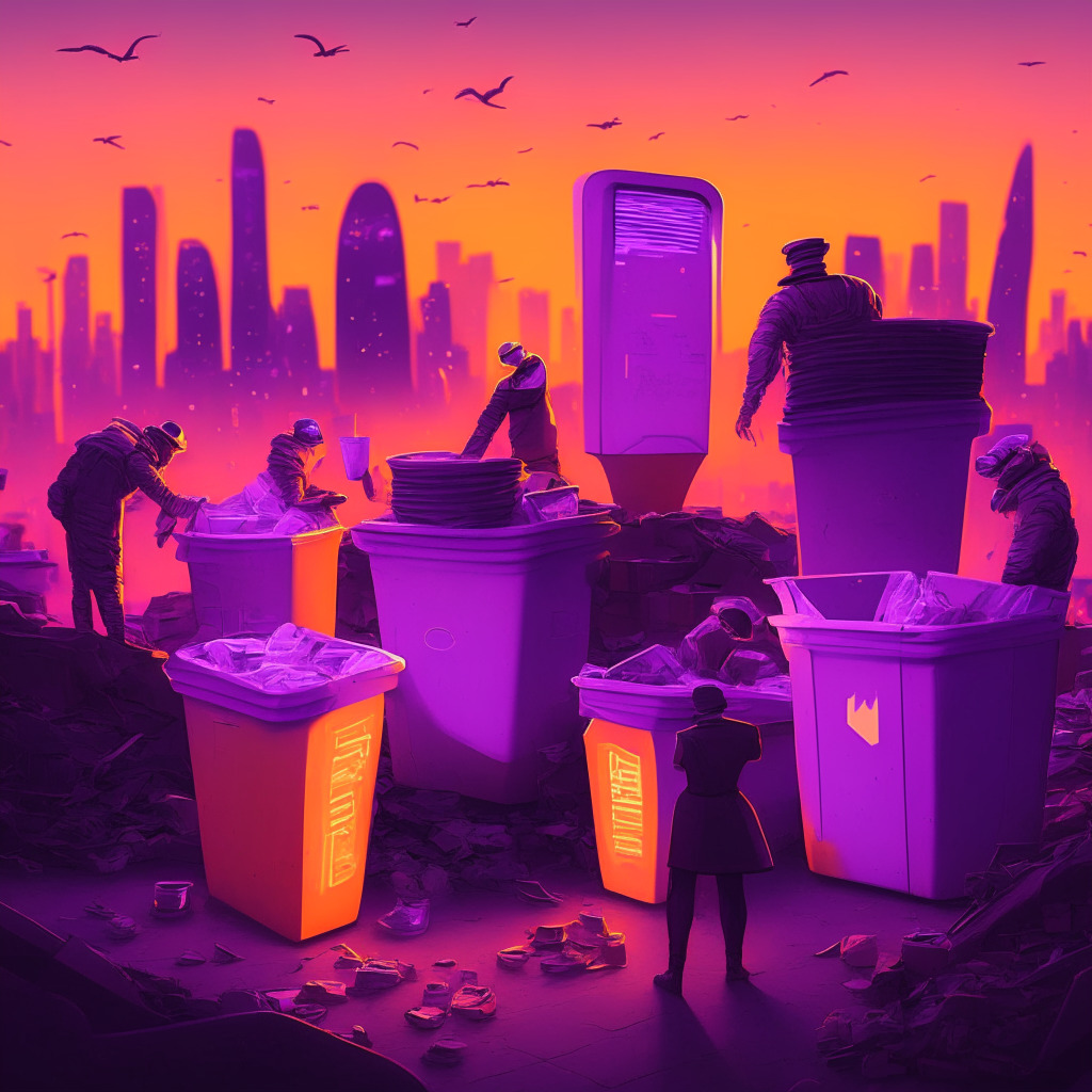 Stylized urban scene of Qingdao city at dusk, dull orange and purple light bathing recyclable objects, Chinese citizens interacting with futuristic, neon-glowing digital recycling bins. The scene highlights their small yet impactful roles in combatting climate change. In their hands, visual displays of digital yuan, representing the reward for their eco-act. A soothing, hopeful mood, symbolizing the blend of sustainability and digital economy.