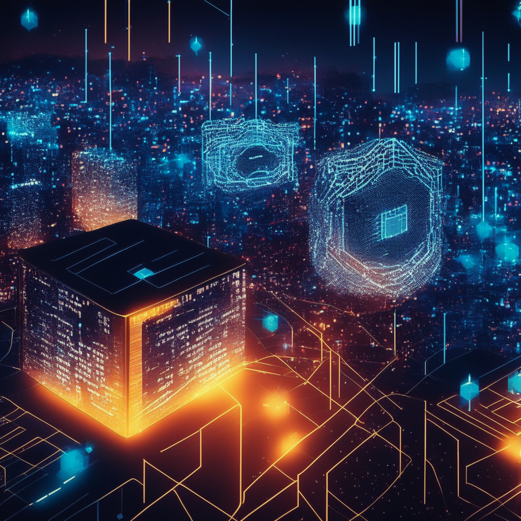 A futuristic digital cityscape at twilight, glistening lights symbolizing the robust world of cryptographic services. Structures representing integration, scalability, signify the security of asset storage. In the center, a distinctively designed wallet symbolizing Fireblocks Wallet. Luminous lines connect different points, representing access to decentralized applications. A soft glow highlights the increasing financial figures. The scene evokes a mood of innovation, growth and potential.