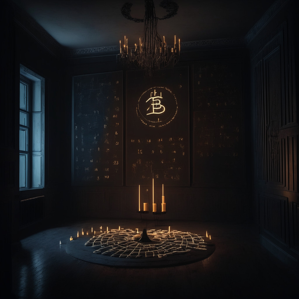 A gloomy chart room lit by the ominous glow of candles, vast chalkboards line the walls depicting intricate mathematical calculations and Bitcoin trends. In the centre, a large, fragile Bitcoin symbol teeters on the edge of a precipice, ready to plunge. The room is elegant yet alarming, underscoring tremors in the Bitcoin market, contrasting with the sturdy, unyielding representation of Stablecoins encased in a protective glass. Atmospheric shadows and a moody watercolor aesthetic prevail.
