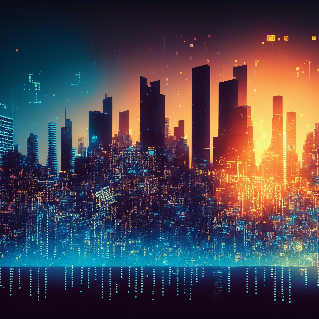 A vibrant digital cityscape under a soft dusk glow, exuding an atmosphere of potential and transition. In the foreground, traditional finance symbols - stocks, bonds, real estate - morphing into glowing, intricate blocks, representative of blockchain tokens. The scene completes with silhouettes of thought leaders advocating the benefits of this new systemic shift, in the style of futuristic realism, embodying a balance between skepticism, optimism, and the unstoppable wave of technological advancement.