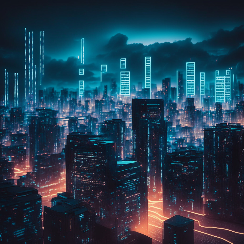 A futuristic cityscape at dusk, the skyline punctuated with glowing holographic signs representing digital yuan transactions, contrasted by darkened traditional retail shops. Also featured are wearable tech details, shining beacons denoting areas with poor connectivity yet still glowing with digital activity. An overcast sky with emerging stars signifies the rise of digital currency while hinting at potential hurdles. The mood is hopeful resiliency, expressed via a cyberpunk art style.