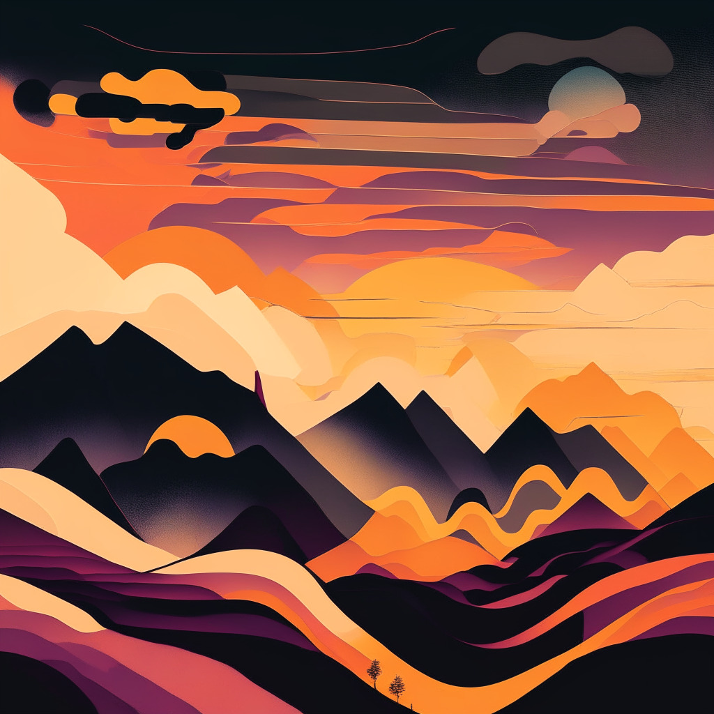 Abstract landscape, showing a rise and fall of the hilly terrain under a dramatic sunset sky, symbolizing the turbulence of a decentralized platform's fortune. Incorporate an upsurging graph etched in the sky, reflecting a sudden comeback. Use warm colors to project optimism, a nod to Friend.tech's promising revival, darkened patches to signify moments of crisis. Mood: hopeful.