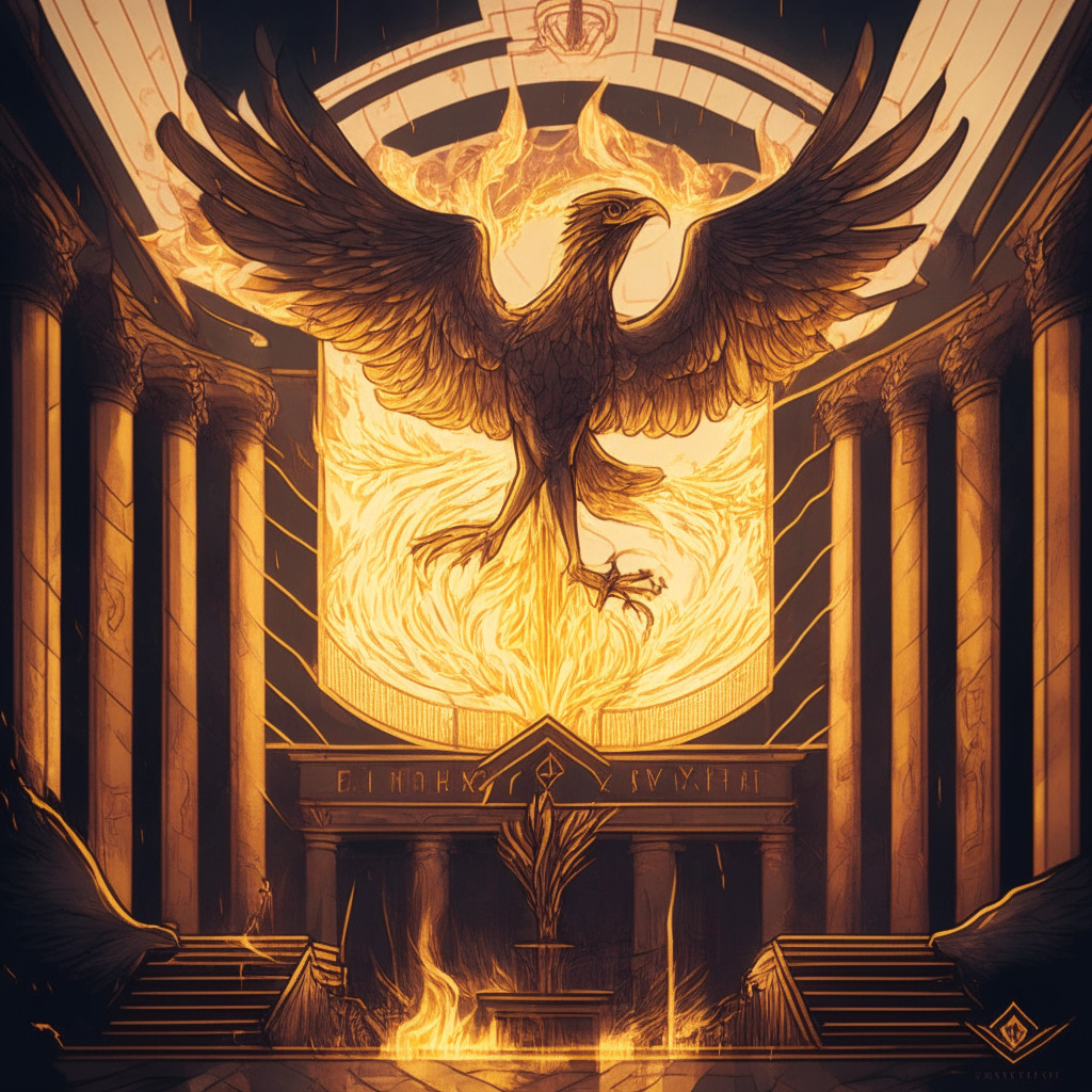 A phoenix rising from ashes symbolizing Friend.tech’s surprising comeback, bathed in warm golden light marking revival juxtaposed with a dark stormy courtroom to symbolize FTX's legal battle. Art Nouveau style, mercurial mood portraying crypto's flux nature, vibrant trading charts for market volatility, subtle blockchain elements for tech feel.