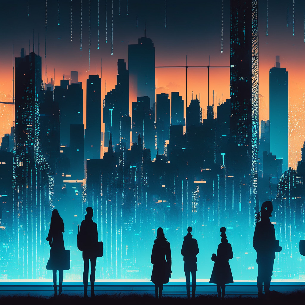 A dystopian cityscape at dusk, blockchain technology represented by an intricate array of luminescent circuits in the sky. Silhouettes of people scanning their biometrics into kiosks, symbolizing KYC measures. Tension bridge between vibrant lights of transparency and lurking shadows of privacy, invoking a feeling of pensive foreboding.