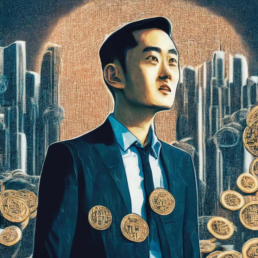 Depiction of Justin Sun discussing the future of the crypto market at the Korea Blockchain Week 2023, anticipatory expression illuminating his face. He stands against a backdrop showing a mixed landscape of linear blockchains and digital dollar-pegged coins, hinting Asian influence, specifically, iconic Hong Kong and Singapore skylines. Image reflects resurgence, subtly transitioning from shadowy, gloomy past to a bright, promising future, in a semi-noir, semi-futuristic artistic style. The illustration should capture a mood of caution, resilience and optimism. No logo or brand representation.