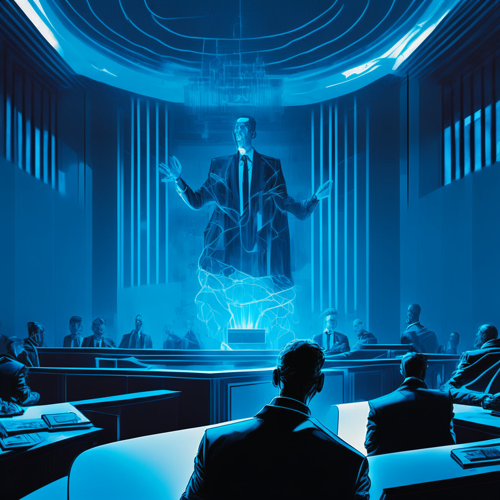 Intense courtroom scene bathed in suspenseful, cold-blue lighting, with Alex Mashinsky undergoing rigorous scrutiny. Contrasting imagery of vibrant, futuristic blockchain elements pulsating with innovative energy, lurking in the background. A dance of innovation and regulation, veiled in an atmosphere of tension and uncertainty, completely devoid of brands or logos.