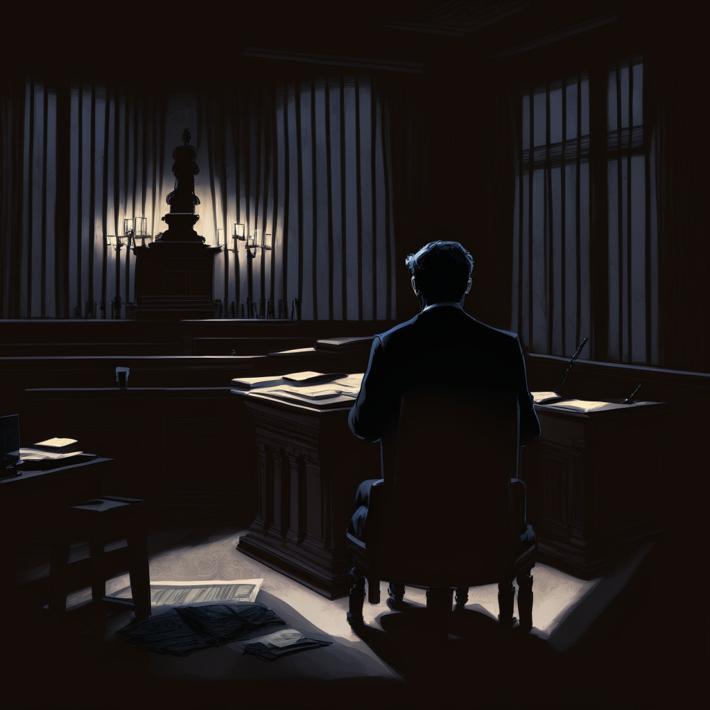 A somber courtroom setting in dusk, with Senator Sherrod Brown delivering a stern speech from his desk. Dark shadows represent the deceit and exploitation of the crypto sector. The SEC Chair, painted as a stalwart figure, supports him from the gallery. A disconcerting mood prevails, but the distant horizon displays the faint outline of potential regulation.