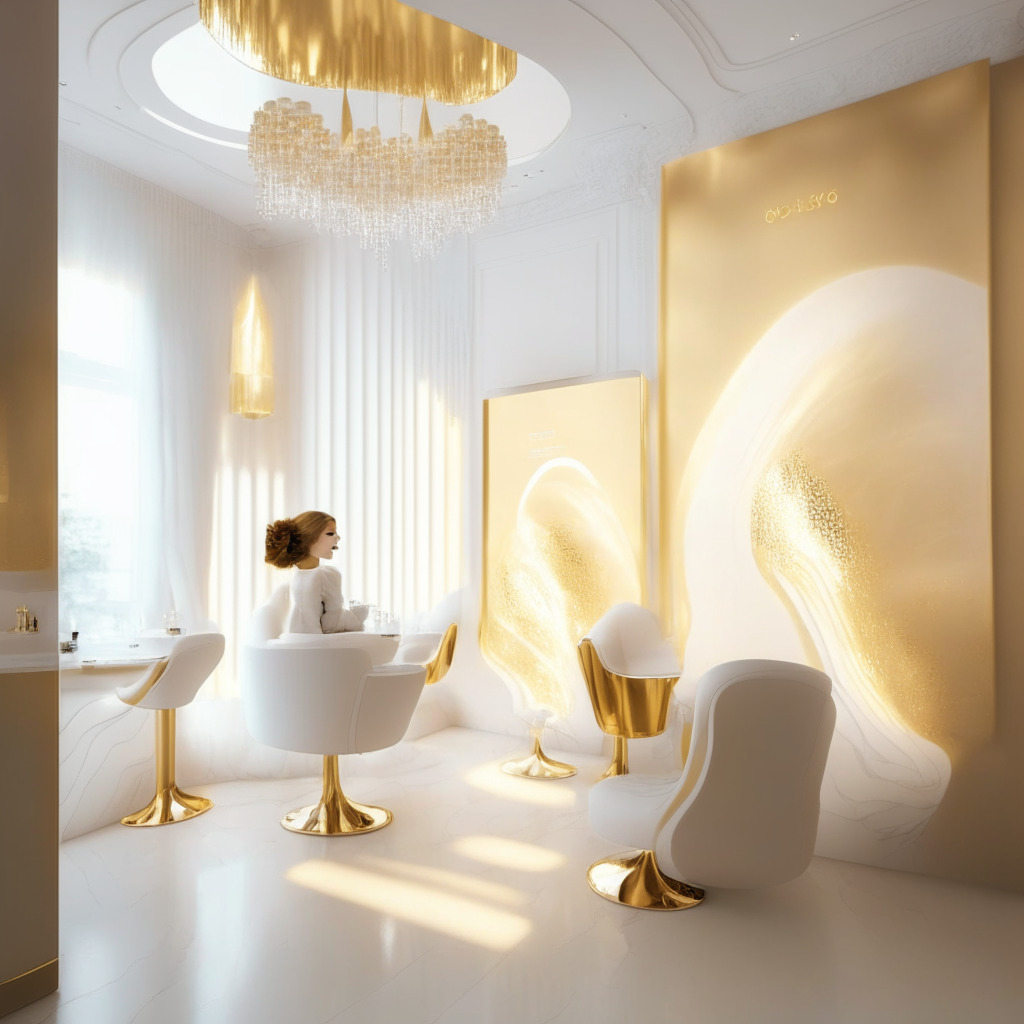 An elegant, modern Russian beauty salon bathed in a soft, golden light, digital particles representing digital rubles flowing from a client's futuristic smartphone to a glossy point-of-sale system, setting a serene mood. The scene encapsulates the pioneering atmosphere of the new age payment method being embraced in the hushed whispers of revolution. Impressionist style.