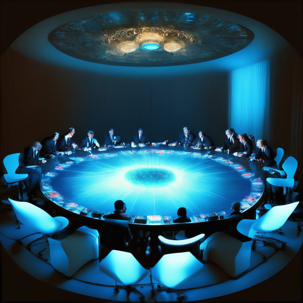 An imposing oval table at the G20 summit, country leaders deep in intense discussion, their attention focused on a holographic rendering of a robust digital crypto-asset framework floating in the center of the table. The room is dimly lit, giving emphasis to the hologram's illuminating glow. A blend of Vermeer's chiaroscuro and contemporary digital art styles accentuates the stern and serious mood.