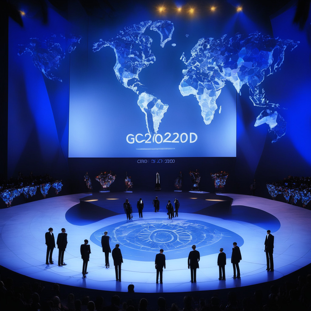 G20 summit stage at dawn, influenced by chiaroscuro lighting, creating dramatic contrast. World leaders, evident concentration on their faces, gather around a holographic, glowing map displaying global crypto-regulations. The situation conveys a sense of urgency, seriousness and anticipation. In the background, a document with the title 'Global Cryptocurrency Plan'. Atmosphere marked by suspense, embodying a moment awash with potential changes.