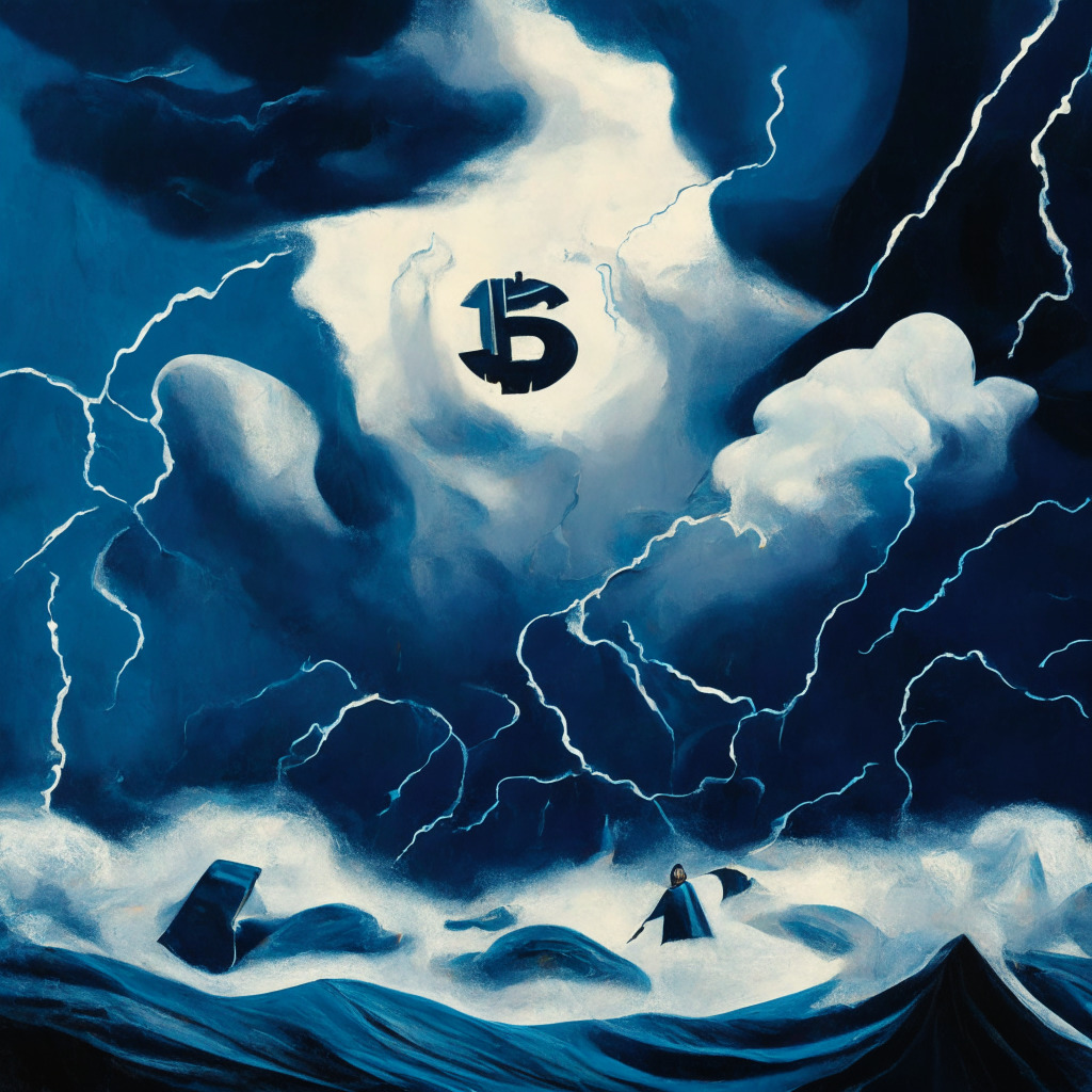 An stormy, abstract cryptocurrency market scene in oil-painting style, highlighting the descending trajectory of a coin (GALA). An ominous cloud in the shape of two clashed figures symbolizing co-founders' legal conflict. Palette of somber blues and grays to capture declining trends with bursts of muted sunlight to signify occasional upswings and resistances. Threading waves to convey turbulent market, while small but resilient figures on the horizon representing the coin’s active user base and potential for growth.