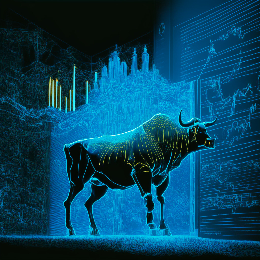 A midnight financial map glowing softly in hues of blue and gold, illustrating a tumultuous Bitcoin market landscape. High contrast lighting illuminates the upward trajectory of Grayscale Bitcoin Trust (GBTC), stark against a languishing Bitcoin price. Featured prominently is a looming bull, poised in anticipation, embodying the potential for a market reversal. The mood of the scene is cautiously optimistic, with a sense of hard-earned victory, tempered by the sobering reality of an unpredictable market.