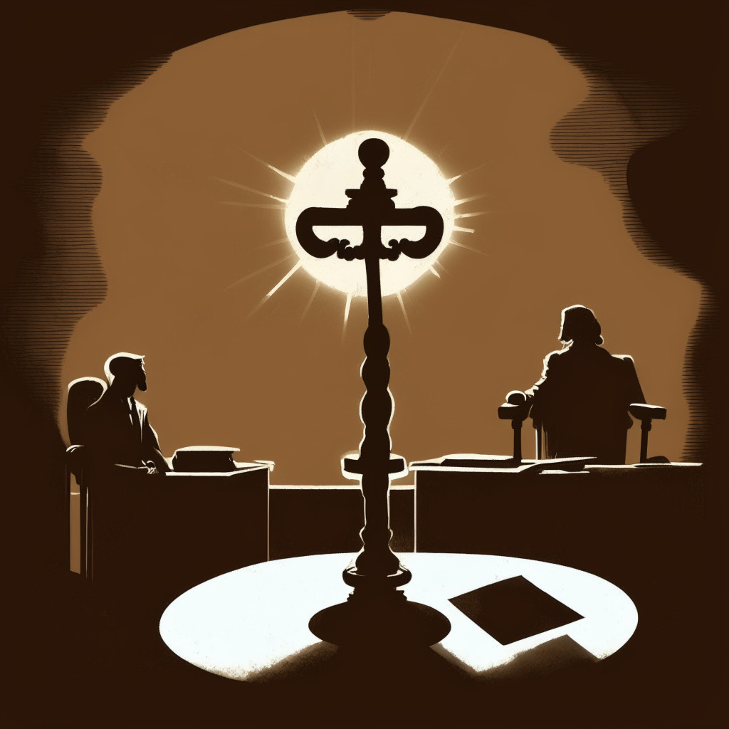 A dimly lit courtroom scene set in low saturation, with two embittered co-founders split by a clear, central divide, each sat at their own stand. Reflect the tension and uncertainty with heavy shadows and the looming silhouette of a gavel in mid-air overhead. Depict an ominous crypto coin with Gala Games' logo on one side smudged, teetering precariously at an edge of a table. On the flip-side, a Sonik coin with an aura of incandescent glow, placed securely in a golden tray.