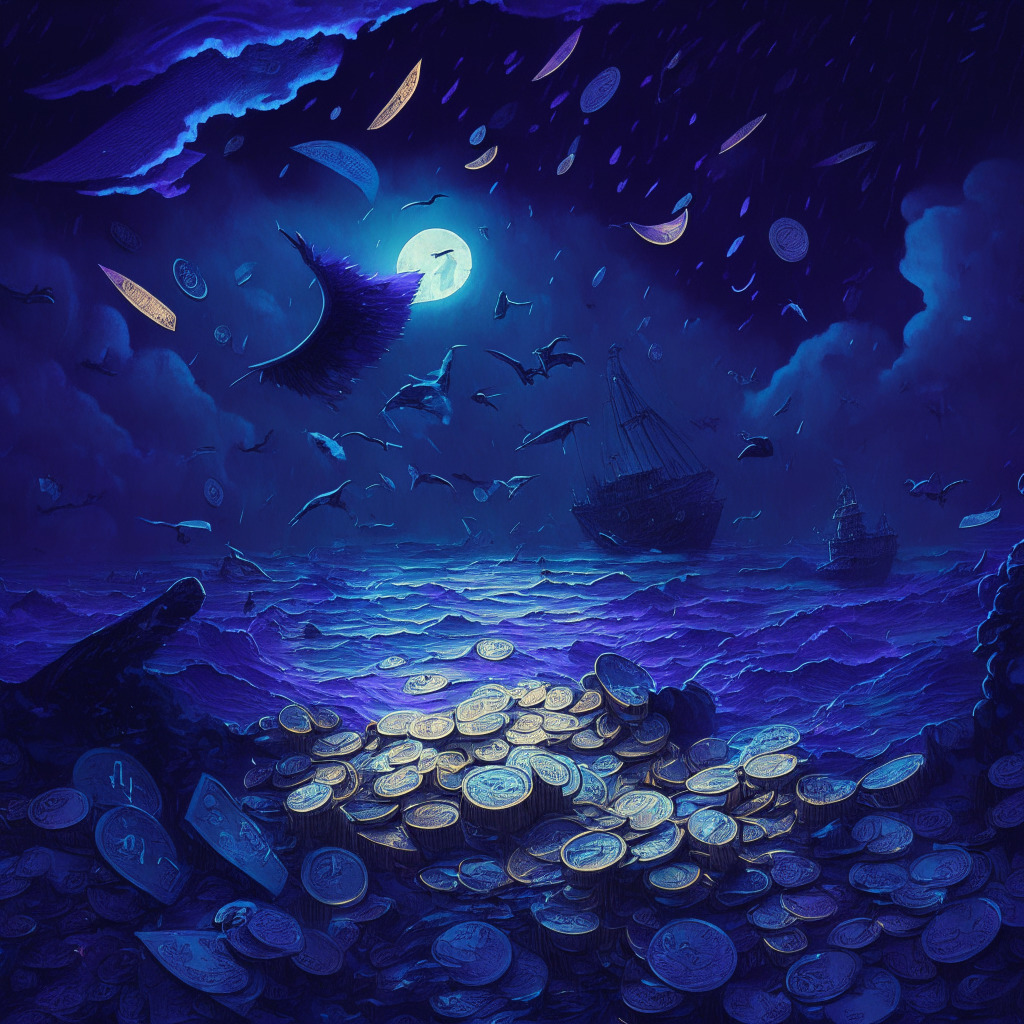 A gloomy night-sea tumble of game tokens, filled with hues of deep blues, silvers and purples. Legal papers fly chaotically in a stormy sky, illuminated by a burst of cold moonlight, hinting at a turbulent legal battle. In the background, a glimmering ray of Bitcoin gold rises from the undulating waves, an emblem of hope in an otherwise terse scene. A sophisticated blend of Baroque and Surrealist art styles lends gravity and dreamlike mystery.