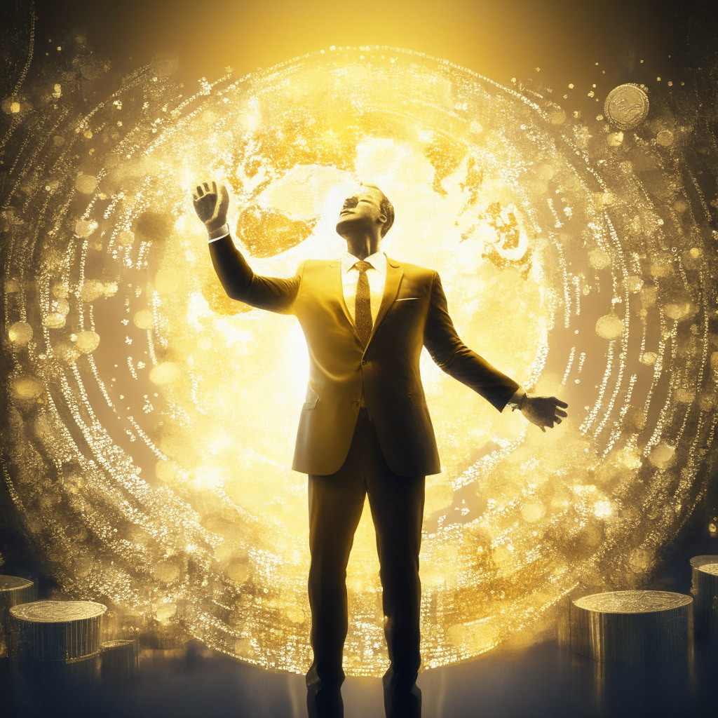 A man standing at the forefront of a digital continent representing Europe, bathed in golden light signifying prosperity. Silver coins representing digital assets are cascading from his hands, symbolising the company's growth. Around him, symbolic regulatory structures radiating positive energy, depicting harmonious relationship between crypto and Europe. A key, illustrating the unlocking of potential in European regulations, floats in the sky. A bear in the distance, personifying crypto's bearish trends, is turning away, indicating optimism and resilience. The image exudes a mood of triumph and exploration, in an abstract expressionist style.