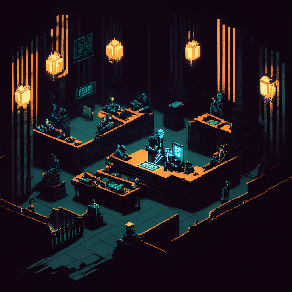 An intricately detailed, dark courtroom landscape, lit by a single spotlight. Two pixel-art characters, symbolizing blockchain tech, engaged in a battle, each levitating a 'GALA coin'. Suspense and distrust permeate the scene. Legal documents and digital wallets lie discarded and disheveled. The scene set in bold, contrasting hues, encapsulating the mood of serious allegations and internal corporate uproar.