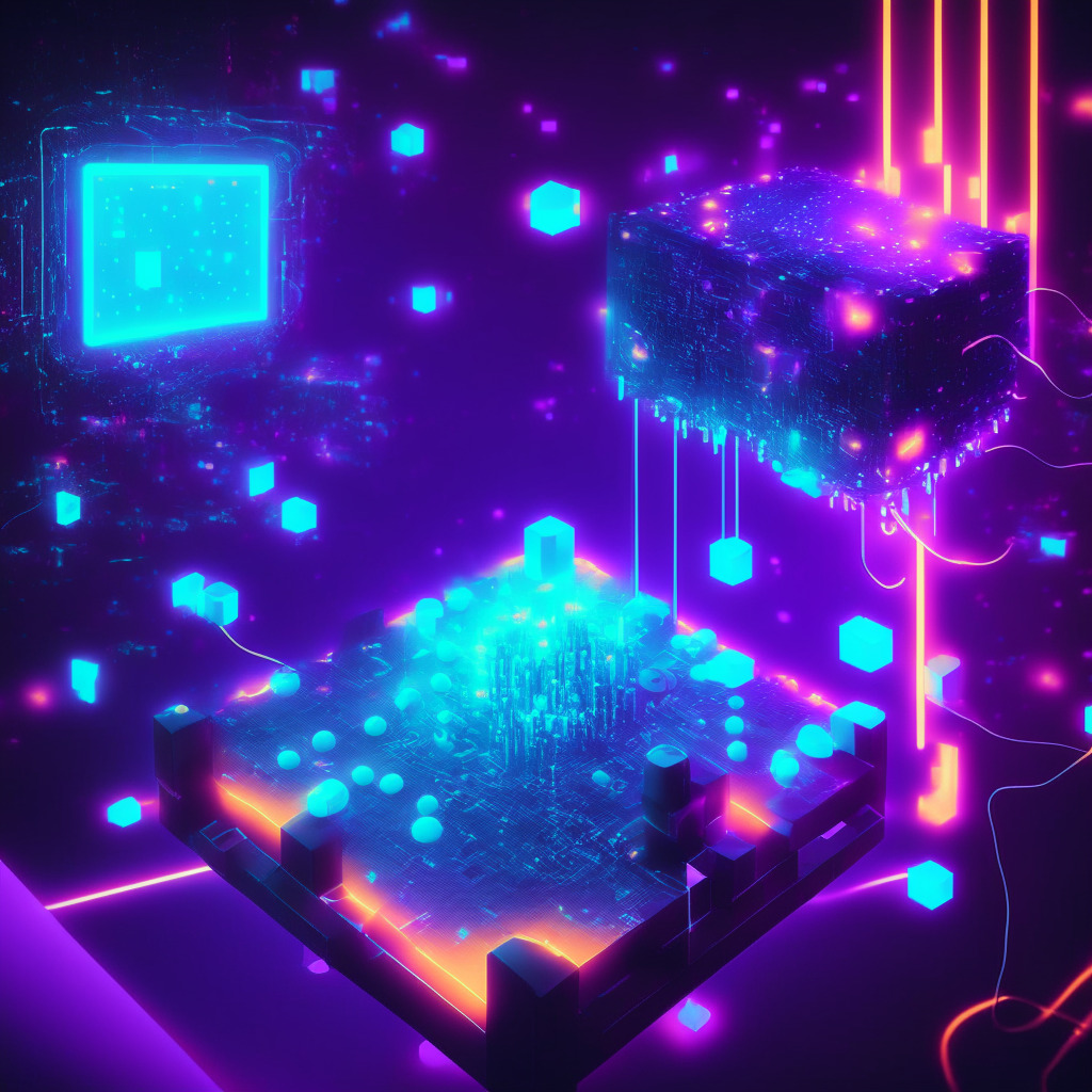 A futuristic scene with a pixelated game console superimposed on a translucent blockchain, luminescent nodes pulsating in sync with the game's rhythm, imbued with elements of decentralization, transformative energy in soft neon hues, conveying a mood of innovative gamble and uncertain anticipation.