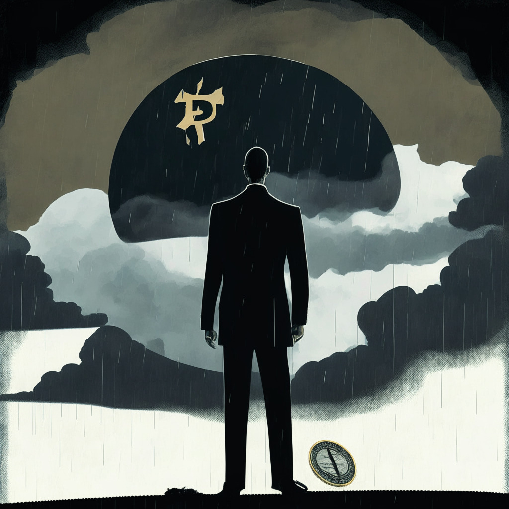 A blend of classic and contemporary style, depicting a shift in landscape to signify transition from advocacy to regulation in the crypto world. Emphasize the powerful silhouette of a strategic figure, symbolizing Gary Gensler, standing against a stormy sky. Include an impressionistic rendering of a poker chip and broken cryptocurrency symbol. The mood should have a dramatic, foreboding aspect, with a piercing cold light illuminating the character and objects.