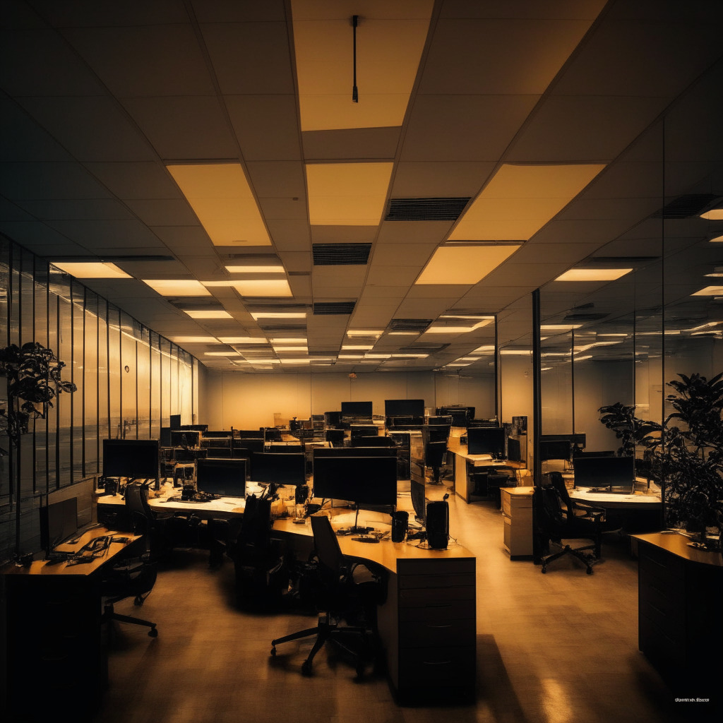 A modern, bustling office located in Gurgaon, India, bathed in the warm glow of artificial light. The mood is optimistic, filled with eager professionals working on engineering, design, and operations. Incorporated are hints of crypto symbolism and a thriving tech market, overlaid with an air of regulatory uncertainty. Style: Semi-abstract.