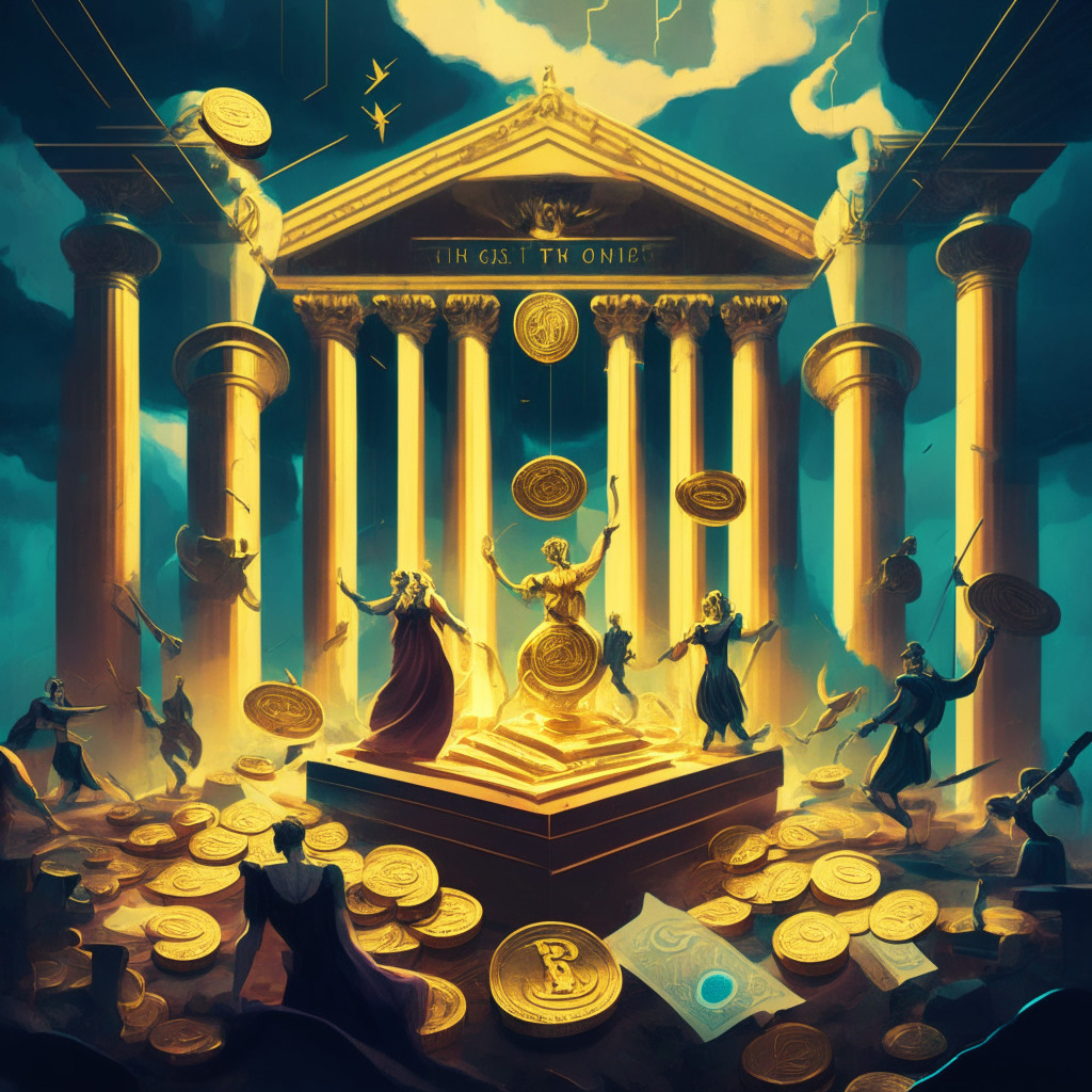 An allegorical courtroom in an abstract surrealistic style, showcasing crypto titans in a tug-of-war over a pile of golden coins symbolizing digital assets. The ambiance is dramatically lit, teetering on suspense and uncertainty under a stormy sky, fostering a mood of tension. Subtle symbols of fairness scales, monopoly board, and bankruptcy gavel convey the saga.