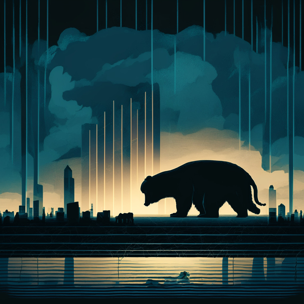 Depiction of a stormy financial landscape at dusk, metaphorically representing a troubled crypto market. Center frame, a silhouette of a bear symbolizing the bear market with a shadow cast by harsh cold light. Also, include illustrations of the Genesis trading platform being unplugged, to represent business closing. Use a style suggesting uncertainty and gloom.