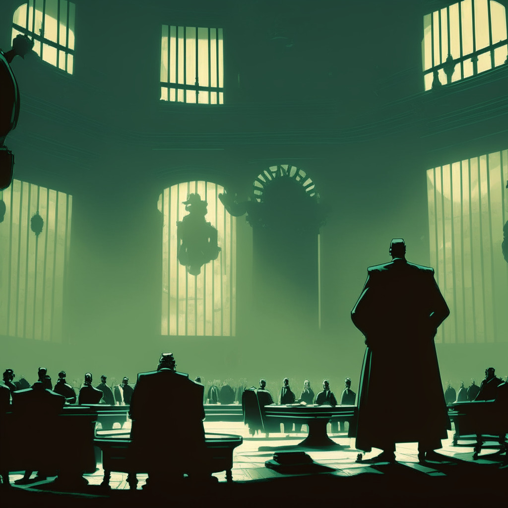Dramatic, Neo-noir image of a grand courtroom, filled with shadowy figures. Spotlights cast on an imposing judge figure and two corporately dressed adversarial groups, representing the legal battle over loans. The room's mood is tense, with mint-colored Bitcoin symbols subtly intersecting the frame. Outside the window, a gloomy New York cityscape in late afternoon light.