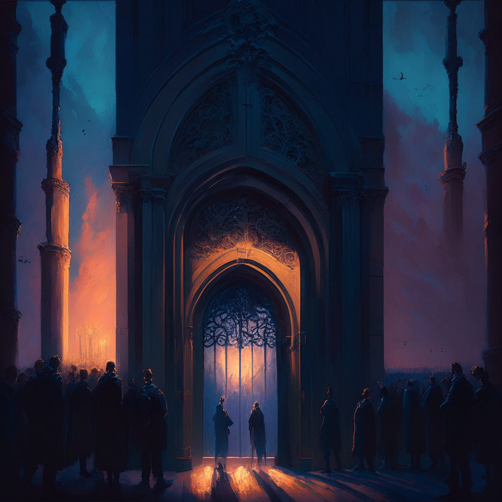 Dramatic painting-style scene depicting the closure of a colossal door, symbolizing Genesis Global Trading ending its crypto spot trading service, Detailed front door with structured, Gothic architecture, bathed in the soft, melancholic twilight, instilling a sense of closure and change. On the other side, a contrasting scene glowing with vibrant, dawn light showing a crowd made up of tiny, gold symbols of Bitcoin, representing the growth of crypto millionaires, infusing positivity and potential in the image. The mood should convey a blend of nostalgia and hope, reflecting the ever-evolving dynamics of the cryptocurrency market.