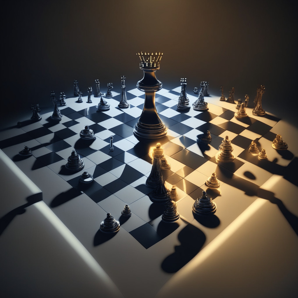 An abstract modernist representation of a chess board, the pieces mimicking patterns of cryptocurrency symbols, the lights dimmed, casting long shadows. One piece being gracefully removed by a metallic, robotic hand, symbolising strategic change. Mood of the scene should be mysterious yet hopeful, embodying the subtle shifts in the crypto industry, without any specific brand symbols.