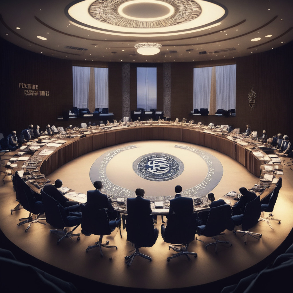 An intricately designed conference room bathed in soft, early evening light. Serious-faced, diverse delegates from around the world gathered around a circular table, discussing global policy evident with cryptocurrencies scattered about the table. On the large screen in the background, a stylized version of FSB and IMF logos blurred with a presentation outlining potential risks associated with cryptocurrencies. A sense of determination and collective effort sets the mood. Render this image with Renaissance style painting aesthetics.