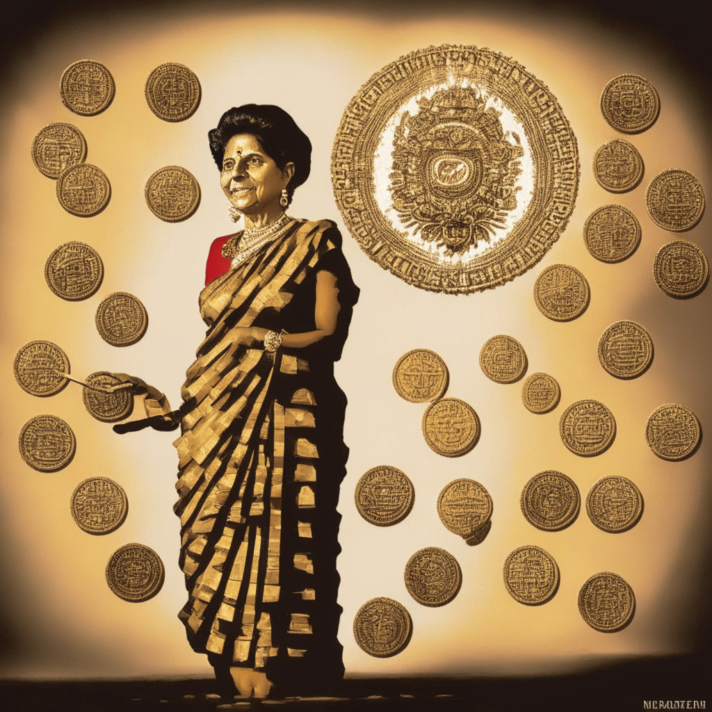 Conglomeration of world currencies transforming into cryptocurrency coins under a golden, auspicious light, towering figure - embodying India's leadership, Nirmala Sitharaman, casting a long shadow, holding a balanced, measuring scale - symbolizing regulatory framework, with hints of optimism in the contours of her face, dialogues bubbles hovering around signifying global discussions, backdrop hinting innovation in blockchain technology, icy-blue hues infusing sense of undocumented territory, mood of cautious anticipation and transformative undertaking.