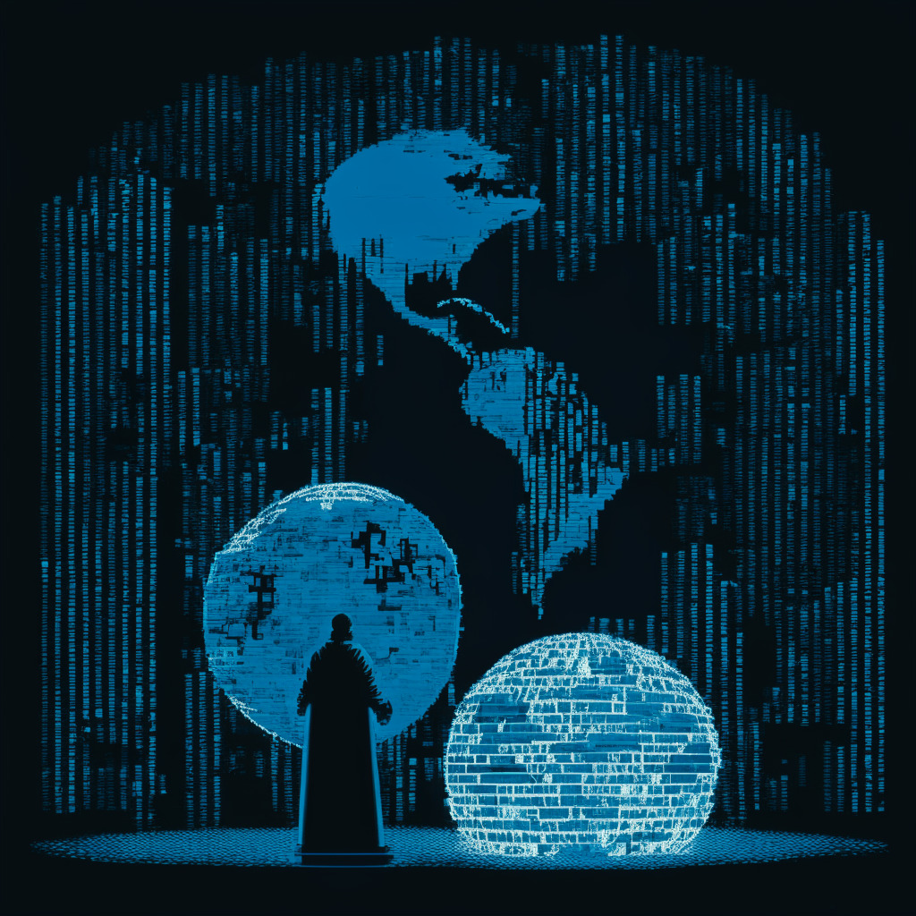 Dawn-lit scene featuring pixel art representation of a faceless cyber criminal, a globe showing cooperation across borders, and stacks of digital coins, all bathed in a chilly blue and stark white light. The style is edgy, combining grit with a surreal feel. Image evokes a tense and mysterious mood that reflects complex cybercrime and global unity in combating it.