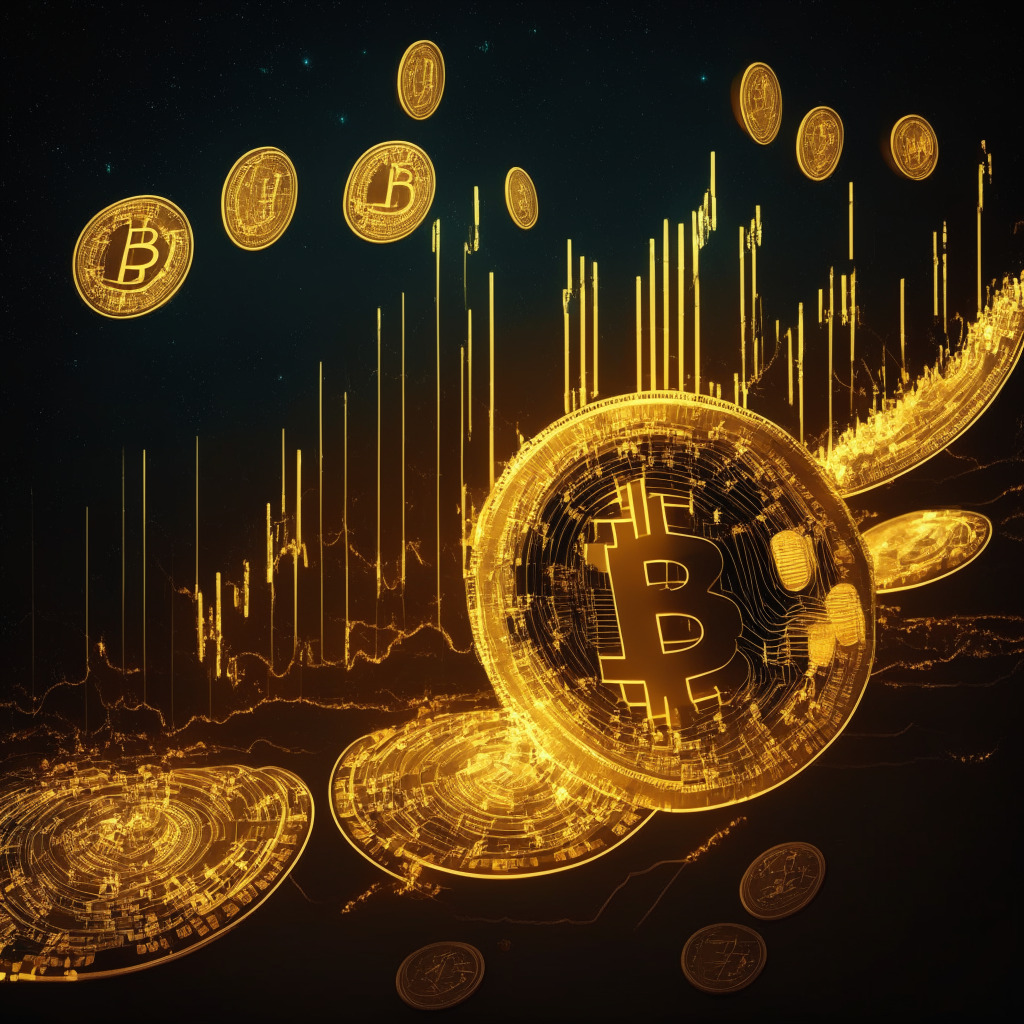 Digital gold coins ascending rapidly in a parabolic trajectory against a background of an expansive crypto market under moonlight, radiating an aura of excitement mixed with skepticism. The scene captures the ebbs of the coin's value, marked by glowing zones symbolizing buying opportunities and supports. The image features mathematical elements, communicating the role of Exponential Moving Averages, and an RSI indicator subtly integrated into the scene, colored neutrally to indicate overextended territory. The overall mood reads as cautiously optimistic, fraught with tension, embodying the volatility of the crypto world. A distant view of a futuristic cityscape, representing yPredict's forward-thinking model, where AI merges with statistical methods directly affecting price patterns. Runner lights, ribbons, or strands connect the coins and cityscape, illustrating the interdependence in a vibrant, dynamic, and uncertain marketplace.