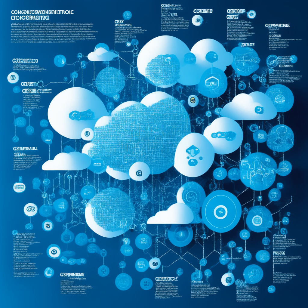 A digital infographic in a futuristic style, portraying Google Cloud energetically diving into a sea of shimmering blockchains. The image showcases the intertwining of technology and finance, highlighting 11 distinct chains. An overall cool, blue color palette, signalling intellectual and stable advancement. The composition intricately represents the blockchain in an orderly, interconnected web, immersed in rays of soft, analytical light to hint at expanding opportunities and services in the world of crypto, along with potential risks and ongoing debates. Endowing the scene with a sense of intrigue, innovation, and exploration.