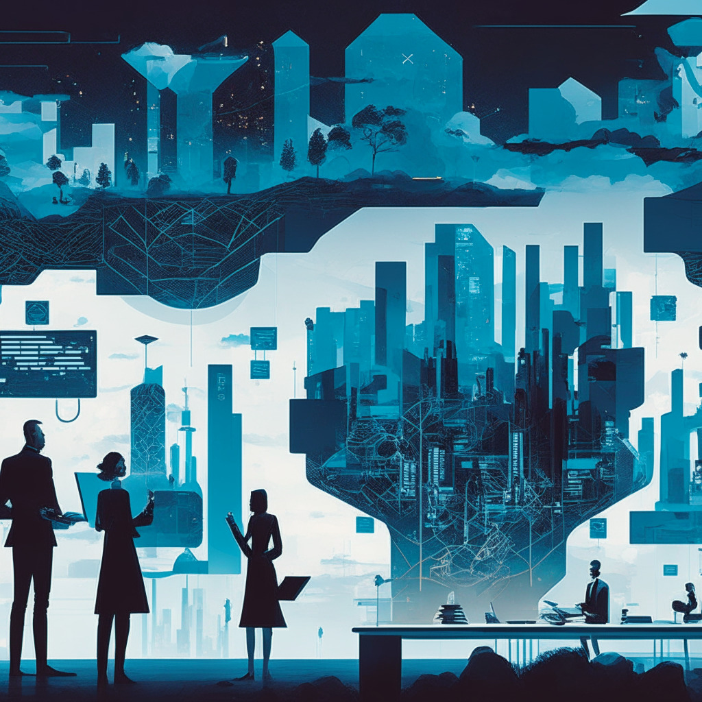 A futuristic cityscape at dusk, dominated by large digital screens displaying cryptic diagrams, cybernetic trees outside, polygonal networks embedded within the architecture. In the foreground, a panel of mysterious figures engaged in discussion. Key elements include: a table suggestive of 'governance', ethereal clouds to portray 'Google Cloud', and a pair of weather-imbalanced scales to hint 'centralization vs decentralization'. Surrealistic style, cold color palette, low-key lighting.
