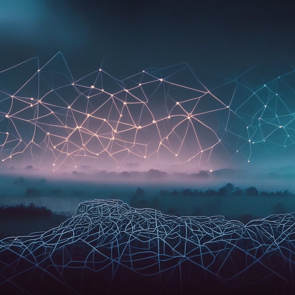 An abstract landscape representing decentralized finance's breakthrough into mainstream, with blockchain architecture stretching into a dark, uncertain horizon. In the foreground, an orderly network of glowing nodes, evoking innovation and potential. The distance is shrouded in fog, symbolizing unresolved issues and concerns. Setting is at twilight, to represent the struggle in this balancing act. The mood is majestic yet sobering, illustrating the ambitious nature of such ventures.