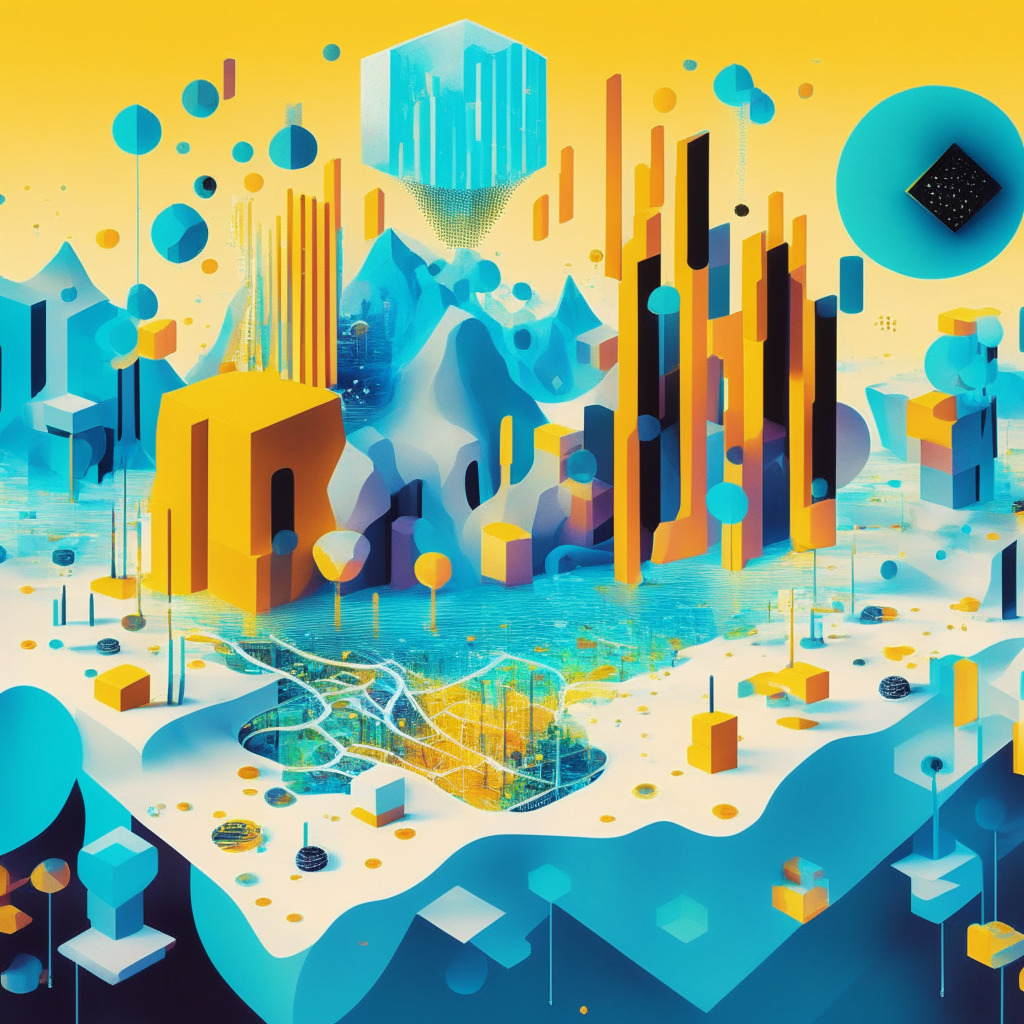 Depict a surreal digital landscape, bathed in a radiant, warm light, evoking an air of innovation. Features of note are a futuristic data warehouse and multiple floating blockchain networks. Use innovative and elephantine representing BigQuery & Google’s presence respectively while the miniature blockchain networks reflect their growing inclusion. Mood should convey a tense yet exciting duality, reflecting both optimism and skepticism in this new tech frontier.