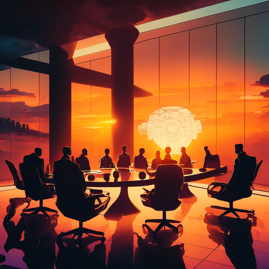 A surrealistic, futuristic conference room at sunset, dominated by cybernetic figures engrossed in a multilayered debate over a holographic AI model. Tone feels twilight, casting long shadows and soft, warm hues. Connotes a thoughtful atmosphere, reflecting a profound discussion on ethical implications of AI technology with a prominent transparency icon.