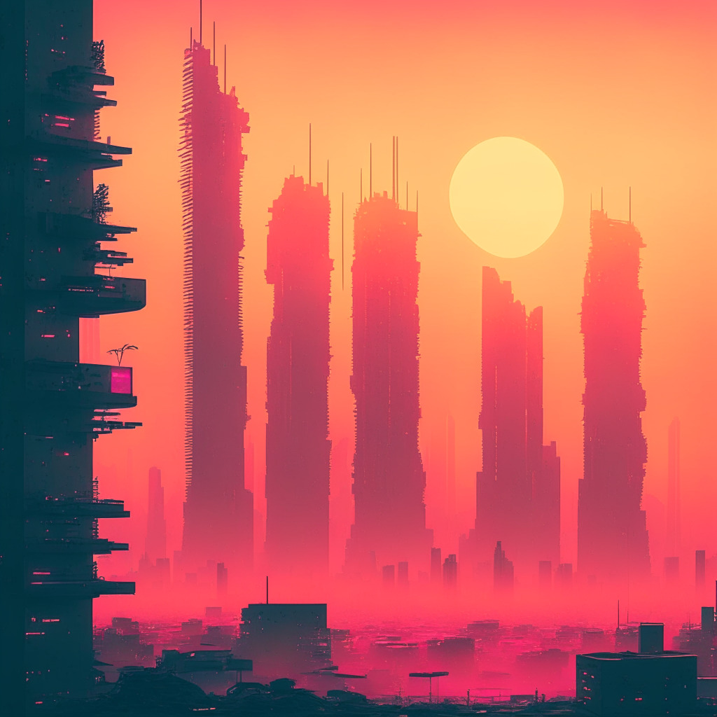 Dusty sunrise over a sprawling futuristic cityscape, contrasted by the soft, low glowing neon lights of virtual advertisements, Dense pixelated skyscrapers, retro cyberpunk vibe, a hint of uncertainty in the air that's tense yet hopeful, rampant with virtual items floating in holographic displays: wardrobes, weapons, armor, Emanating muted, pastel shades of optimism and caution in the same frame, emanating the spirit of innovation merging with consumer protection.