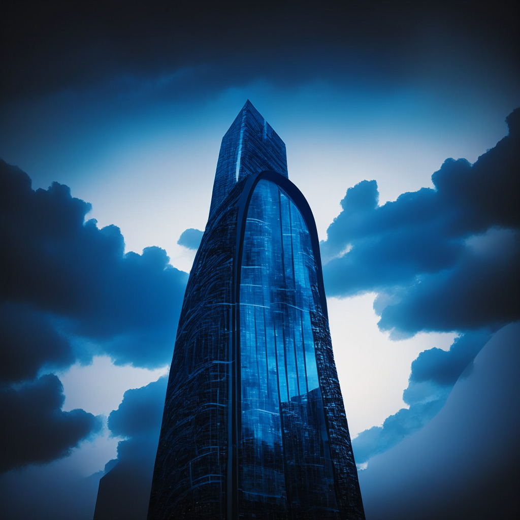 A large, futuristic skyscraper marked with a digital infinity symbol stands amid cloudy skies, its reflective blue glass captures an ethereal sunset, giving a hint of mystery and ambiguity. A shadowy figure gazes at the building, illustrating representation of corporations in AI technology. Academic buildings, representing global think tanks, are intermingled, showcasing collaboration, while threads of light weave from one structure to another, denoting the spreading flow of ethical AI knowledge. Overall mood is hopeful, yet tinged with a touch of suspicion.