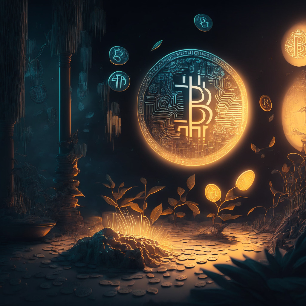 An intricate scene embodying cryptocurrency and gaming, spotlight on an abstract representation of a non-fungible token (NFT), enhanced and softened by twilight glow, lending a muted whimsicality to the composition. Setting imbued with a both growth and caution, mirroring the delicate balance between innovation and safety in the crypto world.