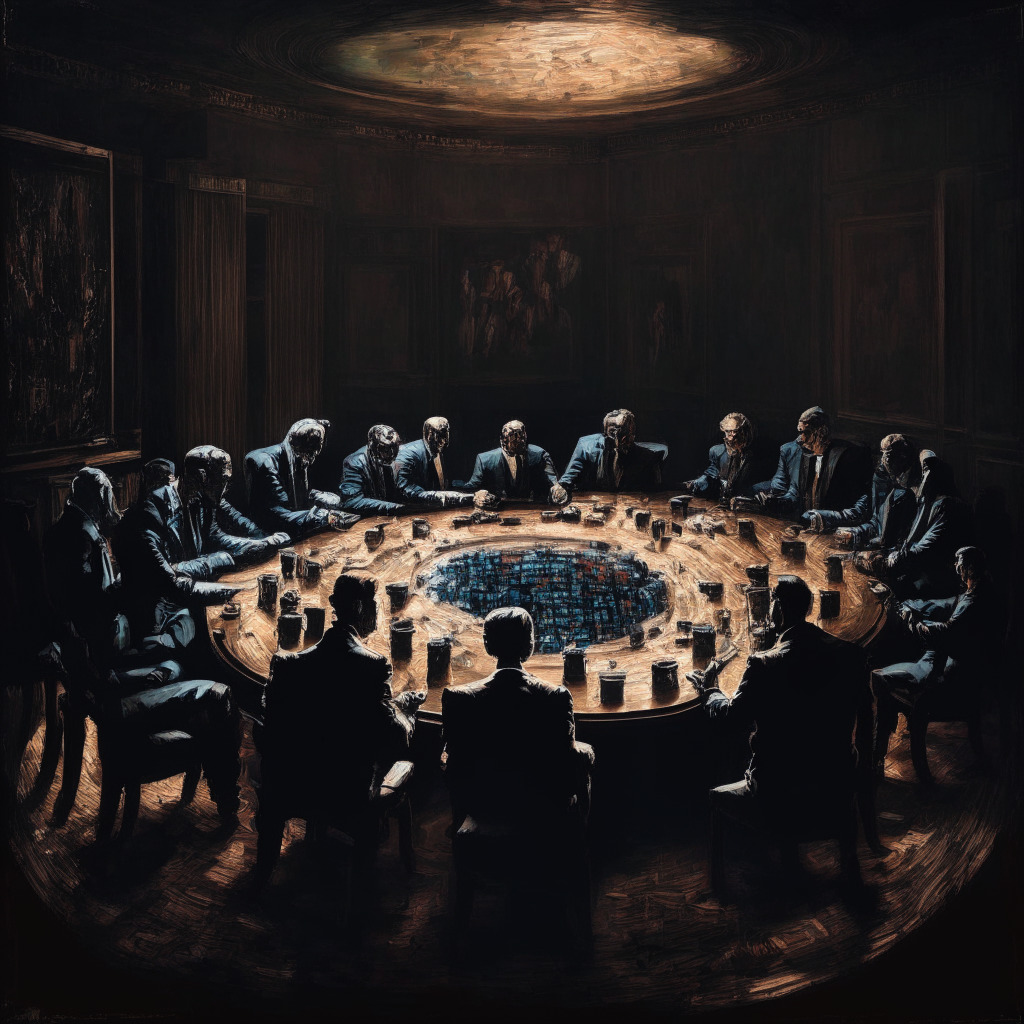 A dynamic meeting between top AI executives and US lawmakers, cast in the style of an intricate oil painting, A dark room filled with shadows, the only light source coming from a polished wooden table illuminating the intense debate. Figures around the table represent AI and the crypto industry, showing their intertwined dialogues, demonstrating the struggle for acceptance and regulatory approval. The mood is serious and intense, portraying the urgent need for AI's societal contributions to be recognized and understood.