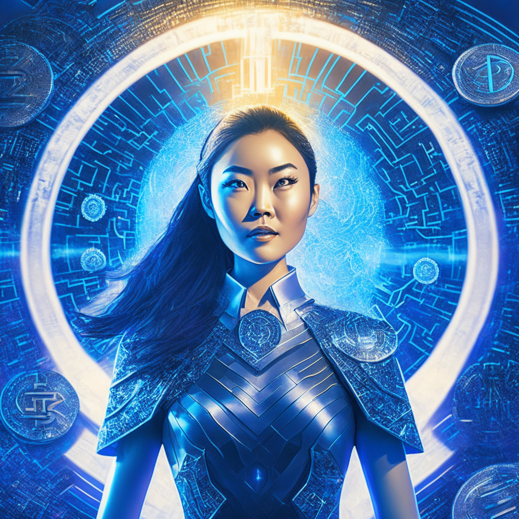 An intense, majestic visualization of Gracy Chen, a renowned cryptocurrency strategist in a vibrant, futuristic digital realm. She stands among surging tokens, a symbol of the ever-evolving crypto world, pointing towards the rising bitcoin shaped as sunshine on the horizon, indicating hope for the future. Across the scene, brilliant tones of blues and silvers capture the turbulent digital landscape, with golden lights representing opportunity. There's a clear contrast between the shadows of skepticism shown in murky clouds and the radiance of certainty in her expression. The tone of the image should encapsulate a deep insight into technological progression, conveying the complex interplay of opportunity, risk and transformation within the crypto universe.