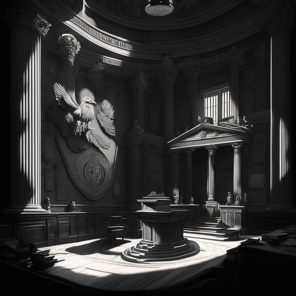 A historic courtroom setting bathed in warm, late afternoon light. In the center, a detailed scale symbolizing the battle between Grayscale and SEC. On one side, an intricately carved Bitcoin represents the ETF proposal, opposite to it, dips an elegant, antique feather quill, symbolizing the SEC's authority. Using a dramatic chiaroscuro style painting, impart the intense, yet hopeful mood of this pivotal moment in crypto regulation.