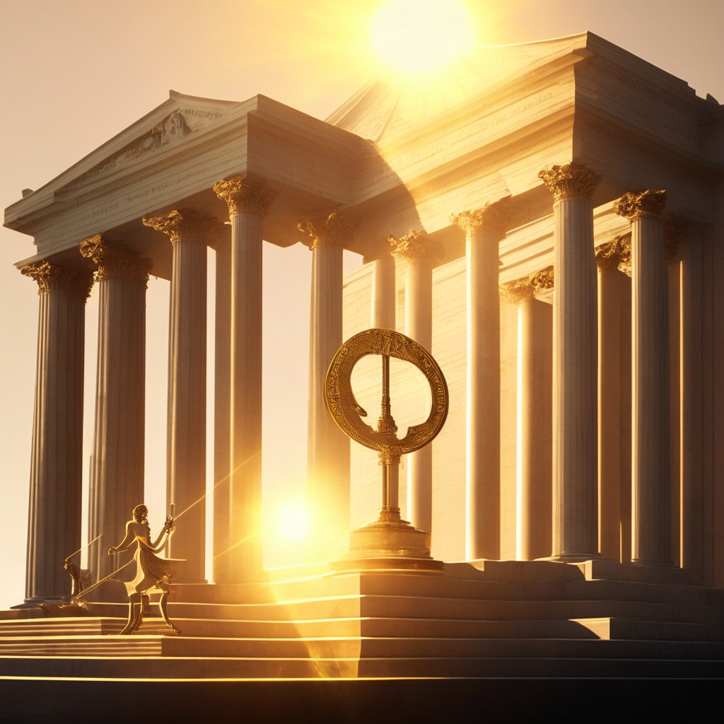 A neoclassical courthouse façade, bathed in the soft glow of a setting sun, throwing long shadows across the building, An oversized silver Bitcoin symbol and a golden balance scale engaged in a seesaw-like balance, depicts the ongoing tussle between cryptocurrencies and regulatory authorities. Set in half-light, the image exudes a mix of suspense and apprehension, capturing the pivotal uncertainty in the decision-making about crypto ETFs. No human figures present.