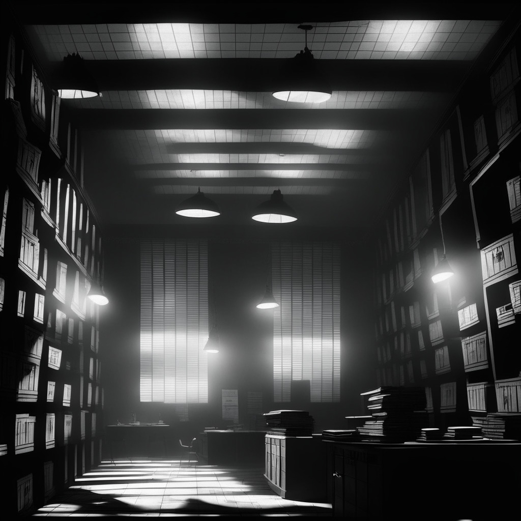An enigmatic financial office, vintage-style, bathed in mystifying dim light, revealing massive vaults. Stacked cryptic ledgers representing countless Bitcoin wallets generate a mysterious aura. Shadow figures whisper in the corner, reflecting skepticism. The overall mood blends intrigue with suspense, typifying the unfolding Grayscale saga.