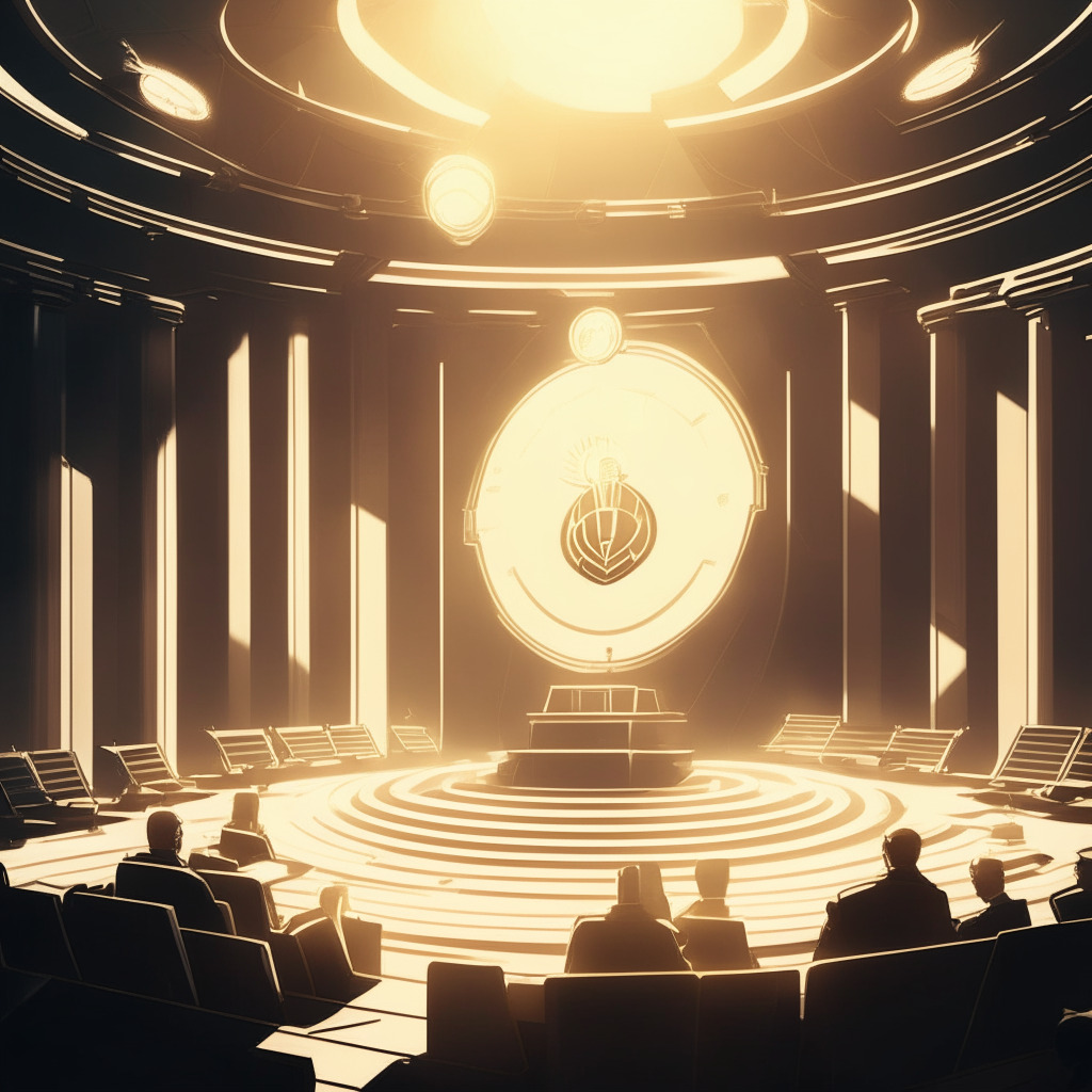 A futuristic courtroom setting where cryptocurrency icons triumph, casting long shadows in the warm, golden light of victory, symbolic of Grayscale's milestone win. Vignettes of diverse crypto assets trail behind, indicating an expanding horizon. The mood is serious, yet tinged with anticipation and a hint of skepticism, mirroring the challenges ahead in the rapidly evolving digital asset landscape.