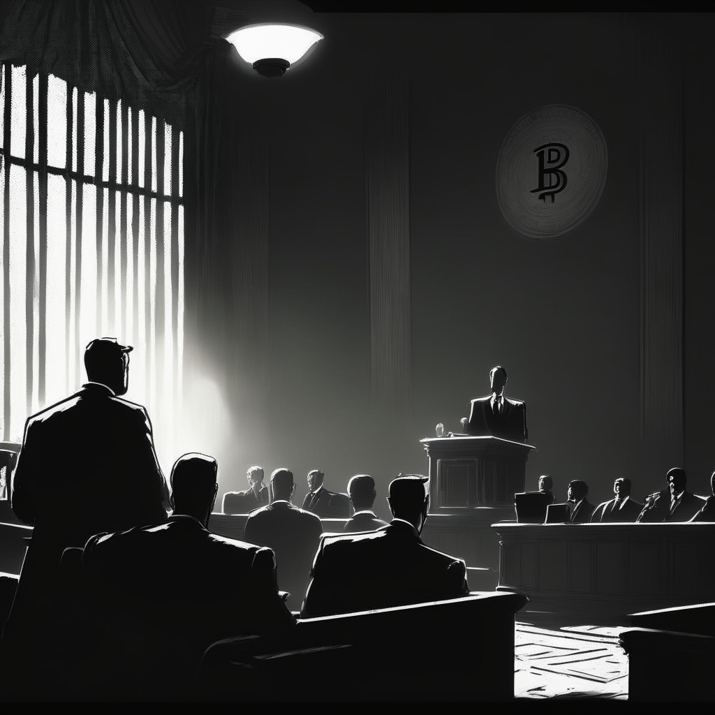 An atmospheric courtroom scene bathed in half-light, symbolizing a tense and suspenseful atmosphere. In one corner, a determined legal representative of 'Grayscale', full of hope and zeal, presents on Bitcoin's potential. In the opposing corner, sceptical SEC regulators. The background softly lit by a stylized chart exhibiting a slightly rising Bitcoin price. Enhanced drama through chiaroscuro lighting combined with realistic attention to detail suggesting the high stakes of Spot Bitcoin ETF approval.