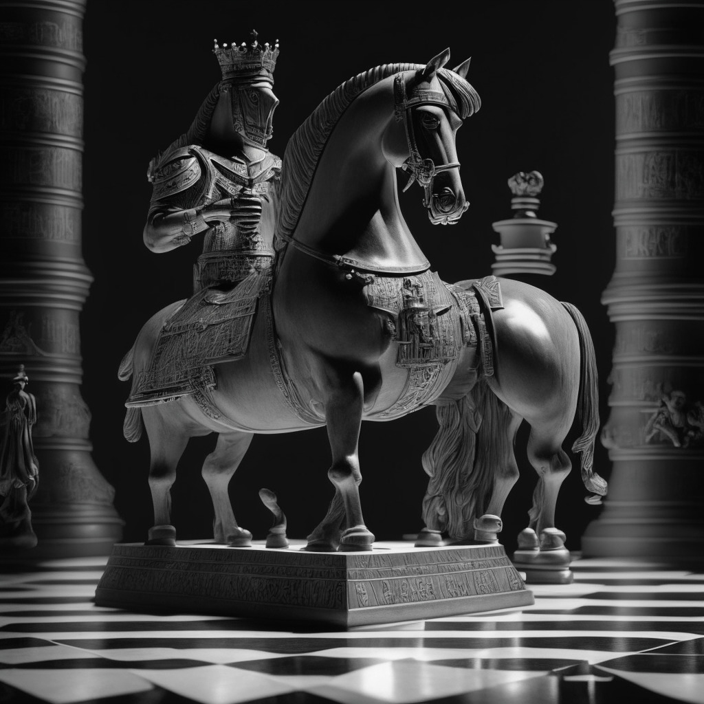 Monochrome scene of a vast, still, financial chessboard, a king-piece adorned with classic Bitcoin symbols opposing an intricately carved, stoic SEC knight-piece, regulator scales subtly visible on the horse's armor. Drama and depth conveyed through chiaroscuro lighting, casting long shadows, evoking a sense of standoff. Artistic style reminiscent of a timeless, renaissance painting, embodying the struggle between old and new forms of finance. A tense atmosphere of anticipation, uncertainty, and resilience permeates the scene.
