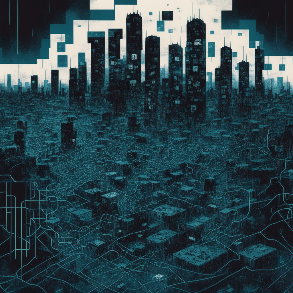 A cybercrime-marred cityscape in a grim color palette, gloomy skies hanging over a labyrinth of interconnected digital pathways symbolizing Web3. Depict Blockchain towers in ruins, showing signs of security breaches, phishing scams, and rug pulls. The ground, scattered with vanishing digital assets representing $890 million losses. Dim lighting to depict the trying times yet, a faint beacon of hope piercing through, hinting at the recapture of stolen virtual funds. Mood - somber, cautionary, yet hopeful.