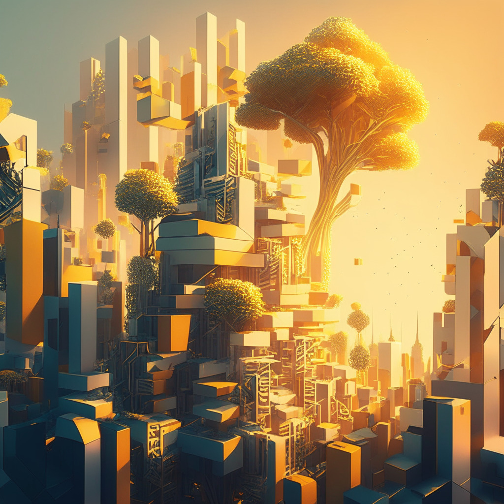 Neo-futuristic cityscape displaying the ever-growing NFT marketplace, infused with elements of toppling golden blocks to signify risks and flourishing trees to represent rewards, Soft sunrise lighting to symbolize the industry's growth phase, Using bold and exaggerated perspective lines for an air of uncertainty yet excitement.